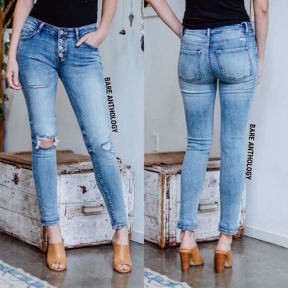 Kancan Denim Blue Button fly Distressed Skinny jeans - Picture 2 of 2